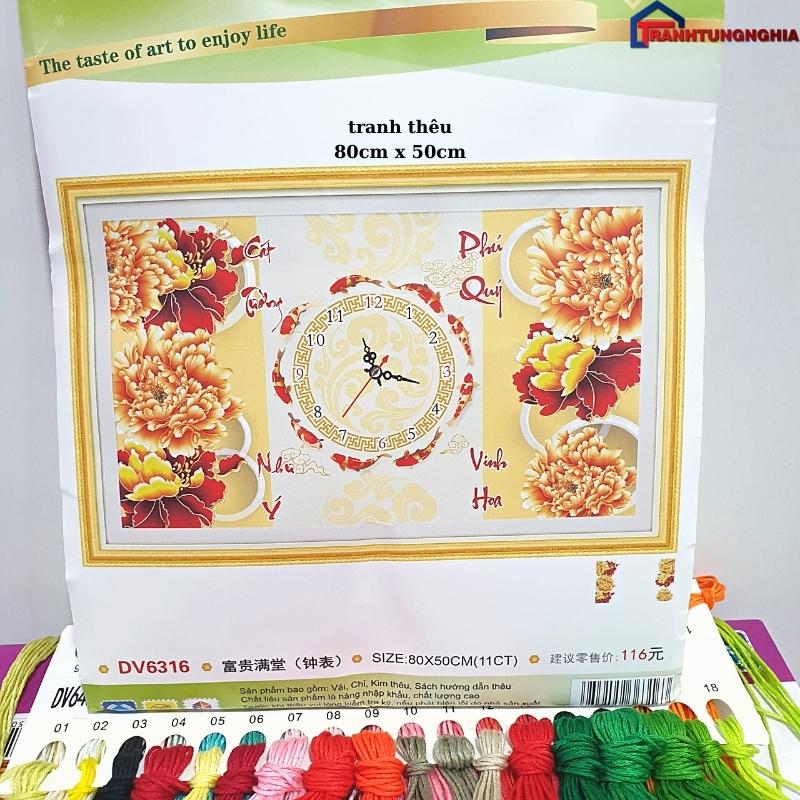 Tranh đính đá, tranh thêu chữ thập đồng hồ cá phú quý cát tường 80cm x 50cm