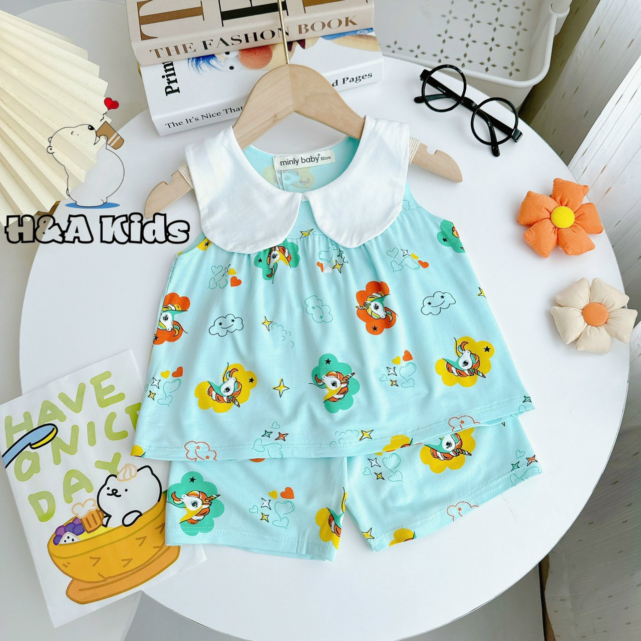 NT170 Bộ ba lỗ thun lạnh Minly Baby cổ sen áo dáng baby doll hoạ tiết in cây dễ thương cho bé gái