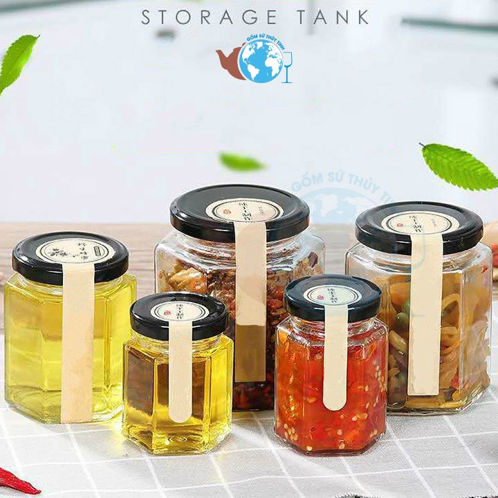 Combo 5 hũ thuỷ tinh dáng LỤC GIÁC đựng gia vị mật ong 5 size 180ml 280ml 380ml 500ml 730ml
