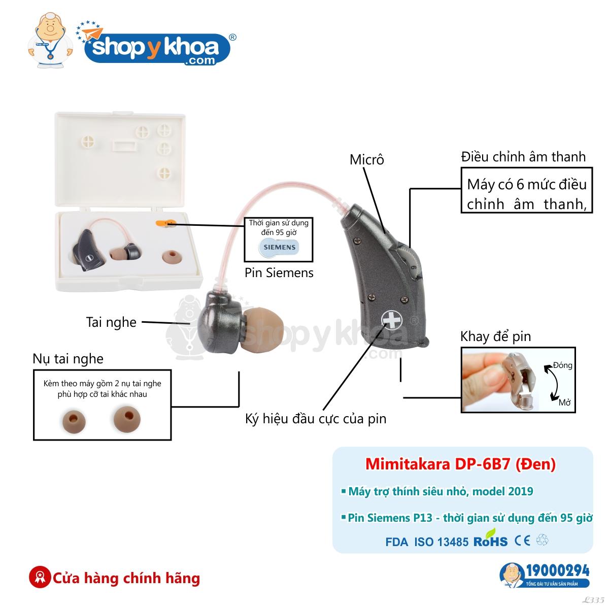 [HCM]Máy trợ thính siêu nhỏ vành tai Model 2019 Mimitakara (JAPAN) DP-6B7 (Đen)