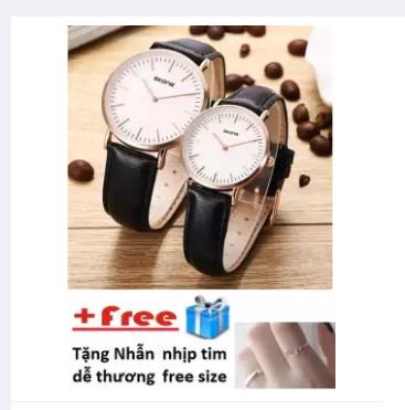 [HCM]Đồng hồ cặp nam nữ dây da siêu đẹp  (Đen) + Tặng nhẫn nhịp tim dễ thương