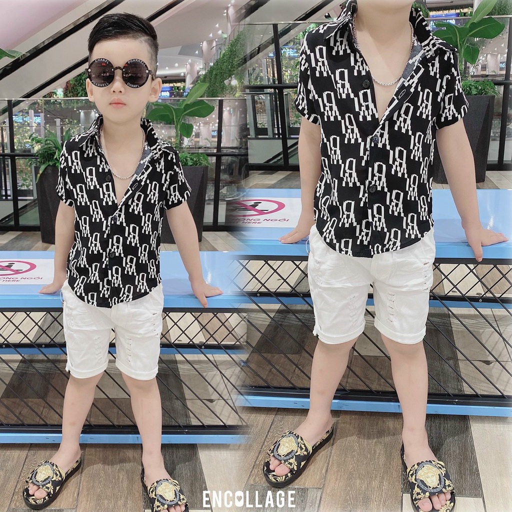 Áo sơ mi lụa tơ tằm cộc tay cho bé trai mặc hè mát mẻ