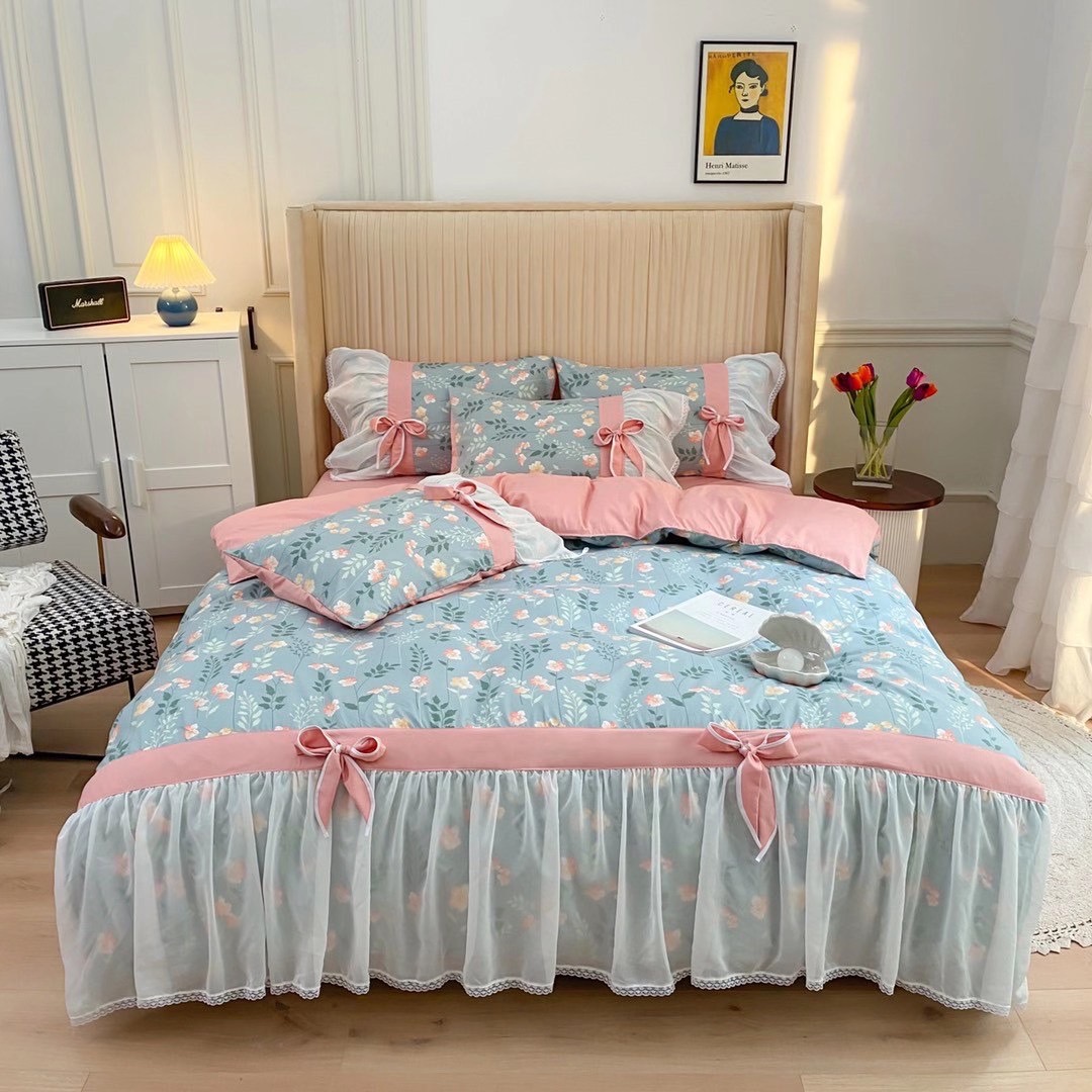 Bộ chăn ga cotton viền bèo