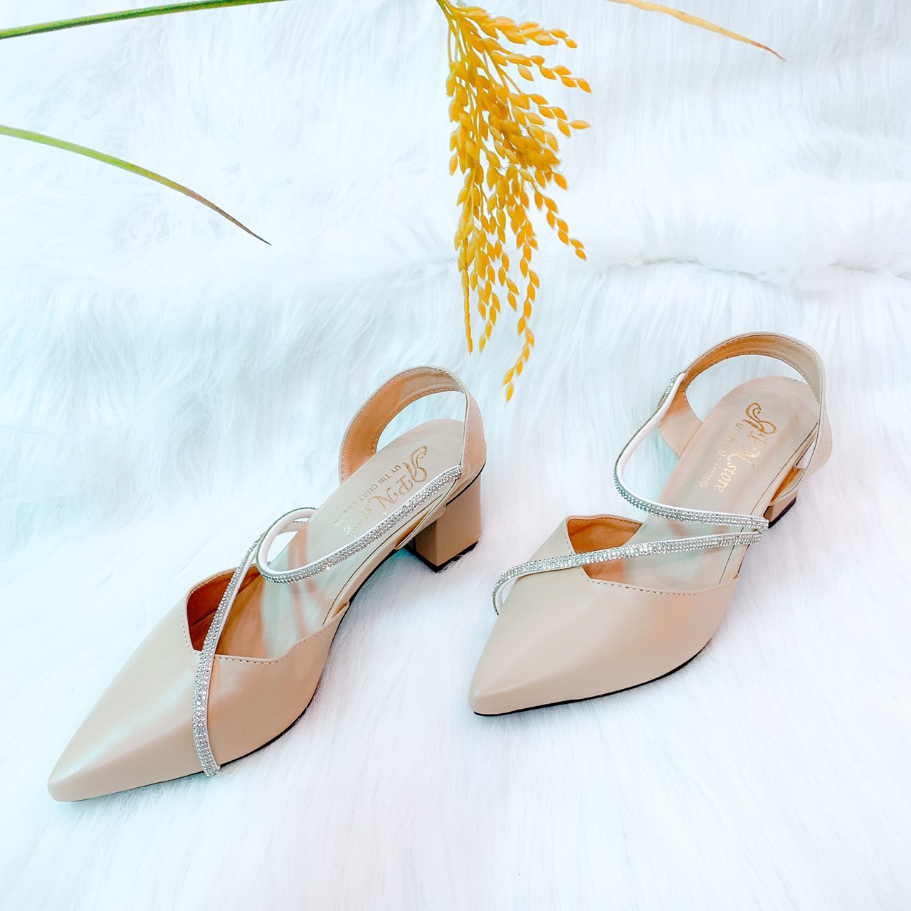 Giày cao gót vuông nữ 5p bít mũi xoàn mảnh chéo chân - BM38