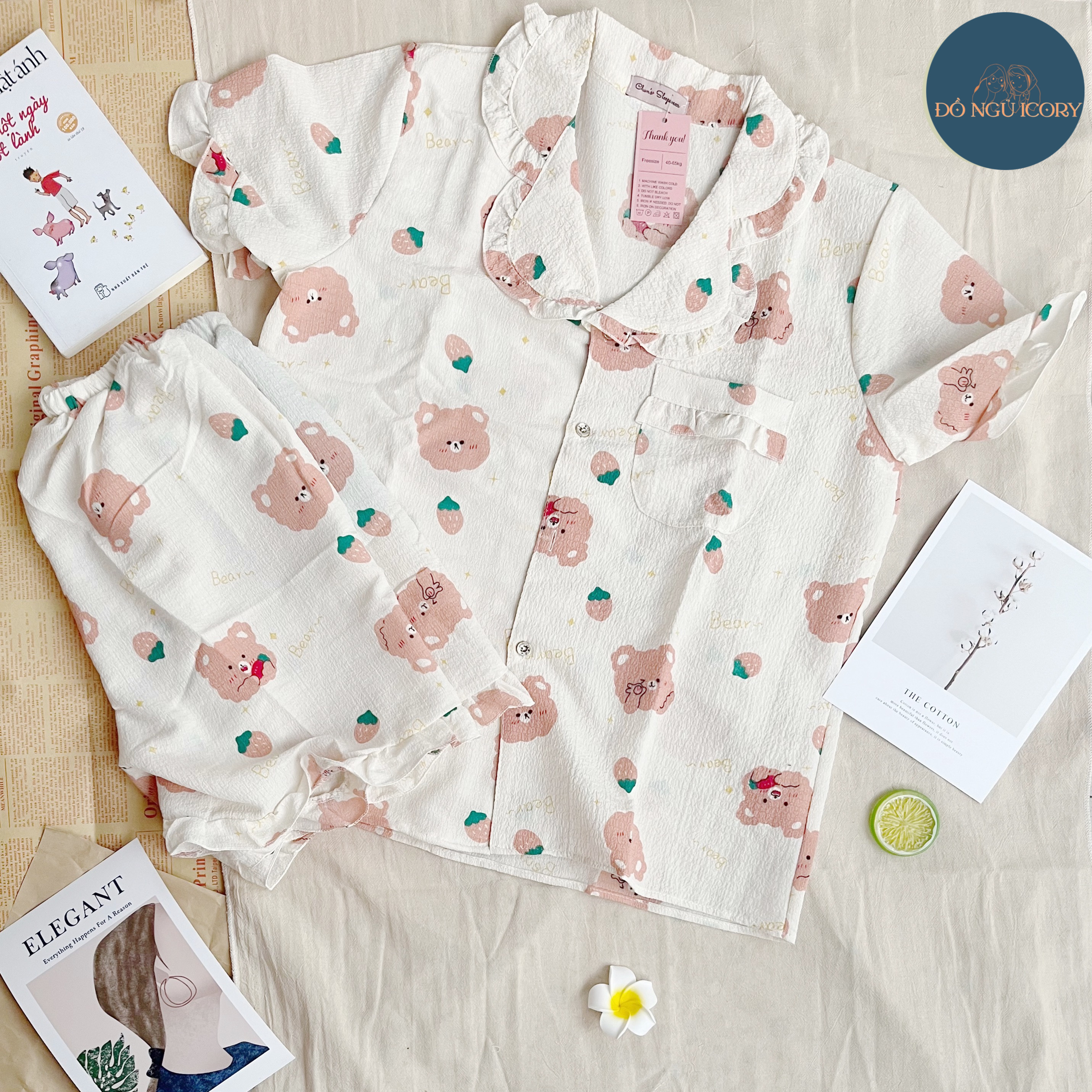 Đồ bộ đùi mặc nhà, Pijama chất liệu đũi hàn dễ thương, siêu mát