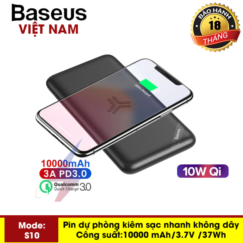 Pin dự phòng Baseus S10 siêu mỏng sạc nhanh không dây 10W, dung lượng pin 10000 mAh công nghệ sạc nhanh cổng PD 3.0 sạc nhanh 2 chiều và Qualcomm QC 3.0 thiết kế đẹp độc đáo - Phân phối bởi Baseus Vietnam