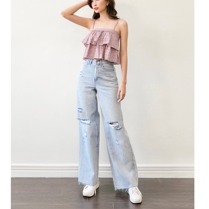 Quần jeans suông MIEU mài rách - HJN03 (Đậm/ Nhạt)