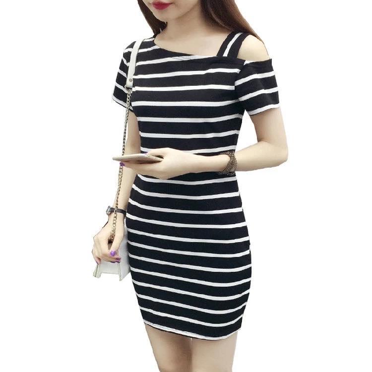 ĐẦM SUÔNG VẢI THUN SỌC LỆCH VAI THỜI TRANG TH
