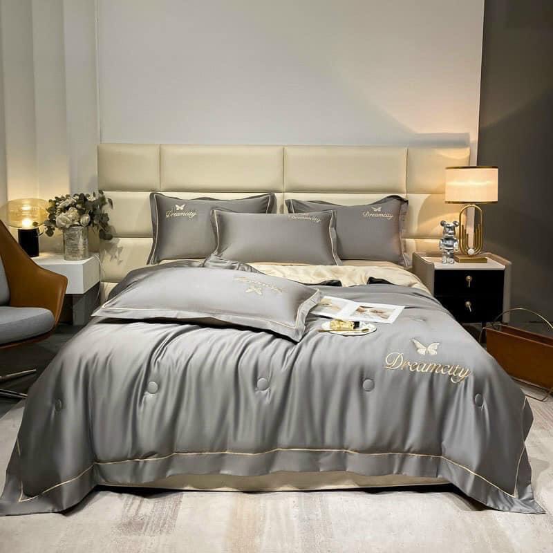 🌹(CHIBEDDING) SET VỎ CHĂN GA GỐI PHI LỤA THÊU NƠ PHỐI VIỀN 4 MÓN NHẬP KHẨU