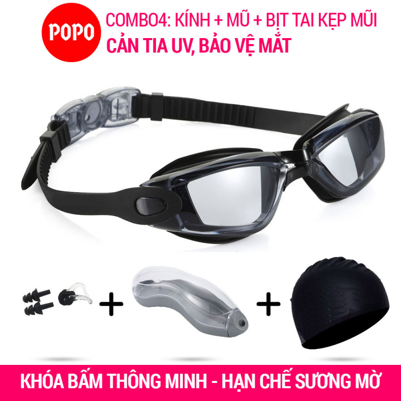 Kính bơi + Mũ bơi + Bịt tai kẹp mũi POPO 2360 mắt trong (Combo 4 sản phẩm) Kính bơi chống tia UV, Mũ bơi trơn chống nước, Bịt tai kẹp mũi ngăn nước