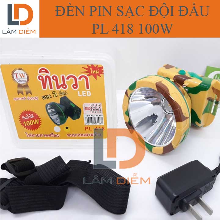 Đèn pin sạc đeo đầu lính led siêu sáng loại tốt cầm pin choá lớn 8cm 100w PL 418