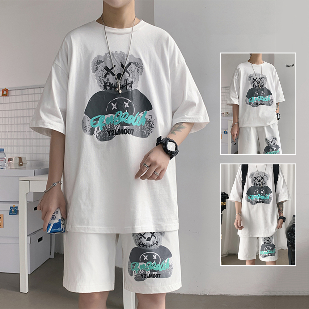 Bộ Quần Áo Thun Nam Áo Ngắn Tay Cổ Tròn IN Hình Gấu Đáng Yêu Kết Hợp Quần Shorts Trơn Có Túi Hot Trend 2021 Thời Trang FORYOU SET NAM 90000163