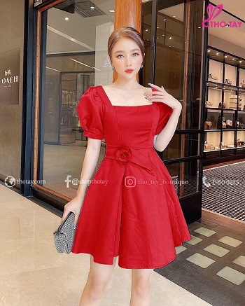 [HCM]ĐẦM XÒE CỔ VUÔNG ĐÍNH NƠ EO THỜI TRANG SIÊU XINH