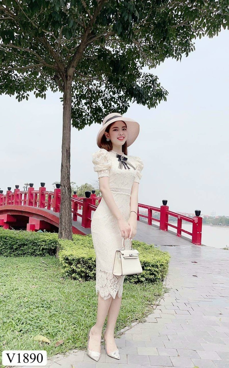 đầm ren tay phồng thời trang chất ren cao cấp
