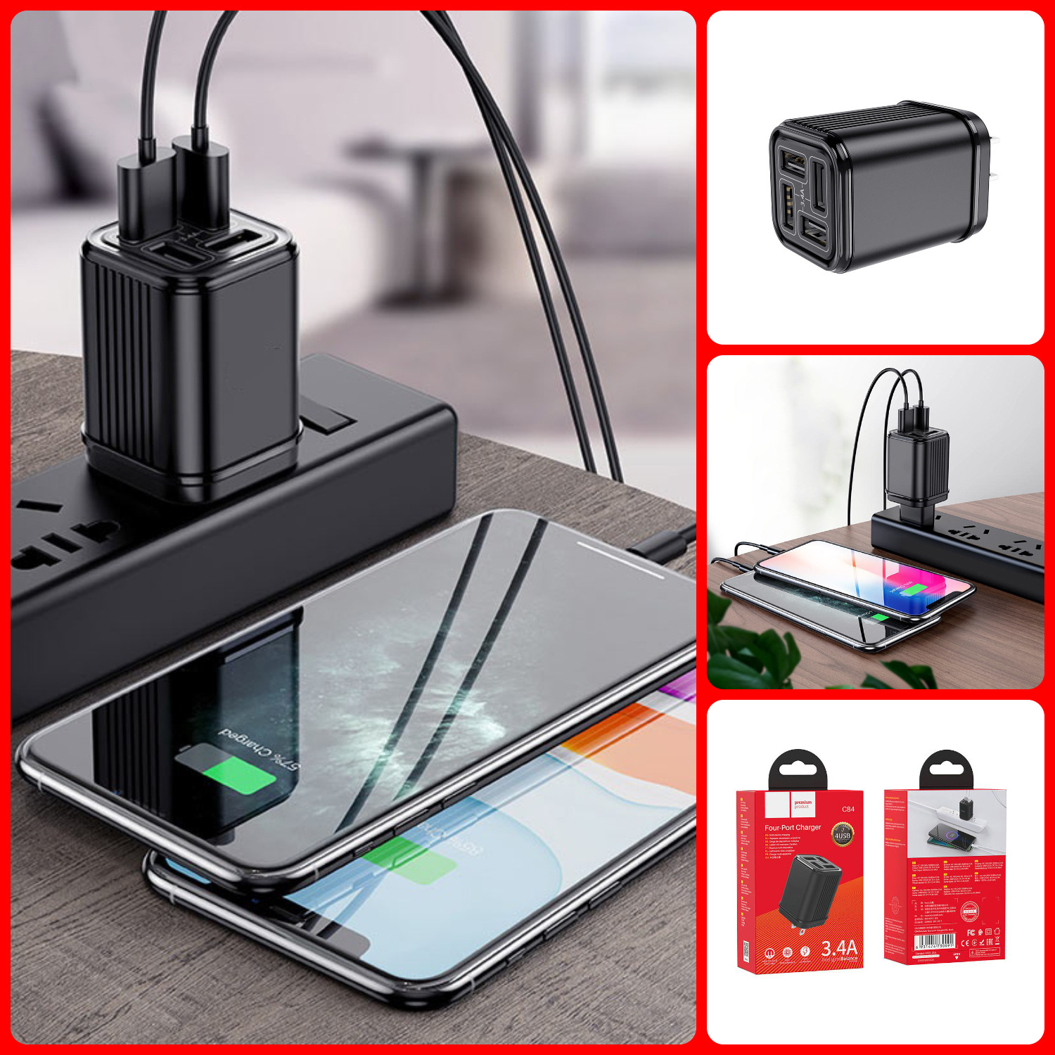 [HCM]Củ sạc 4 cổng USB 3.4A HOCO C84