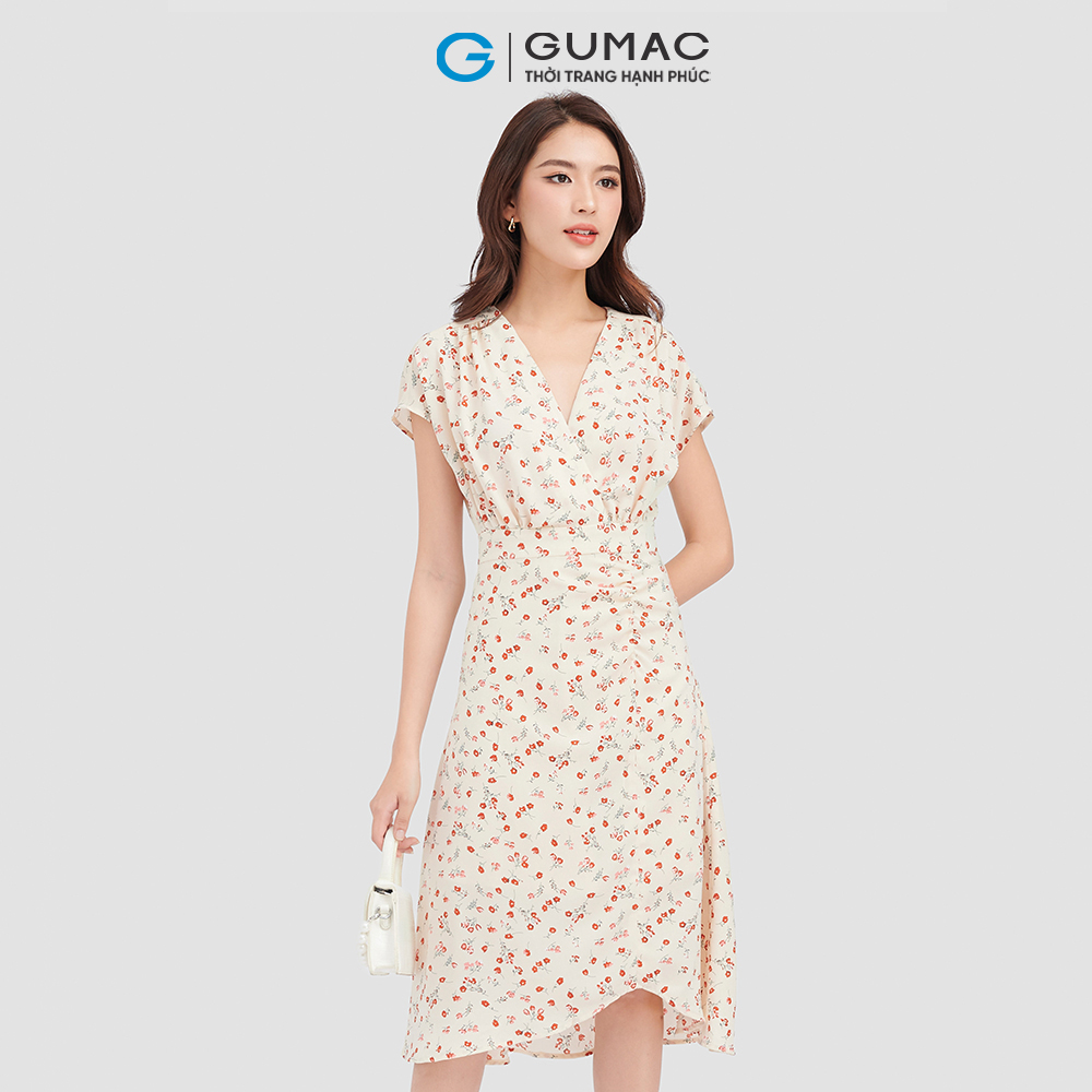 Đầm lụa GUMAC, đầm hoa tay liền thân đắp chéo DC09091