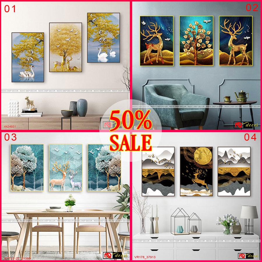 Khung tranh dán tường 3 bức Hươu hiện đại nhiều kích thước  phong cách Bắc Âu