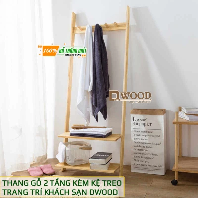 [HCM][Decor] Thang Gỗ Dwood 2 Tầng Kèm Móc Treo Thang gỗ decor trang trí - nhiều size