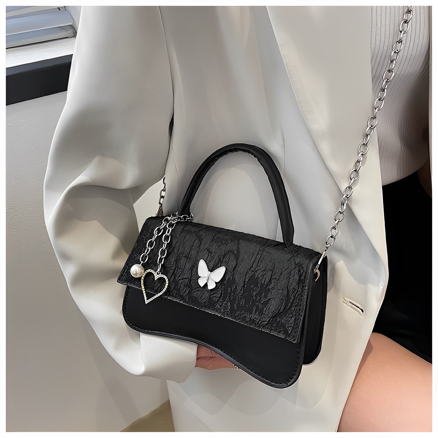 Túi Xách dây xích nữ mini mới túi da đeo chéo đen cổ điển Thời trang hàn quốc bag