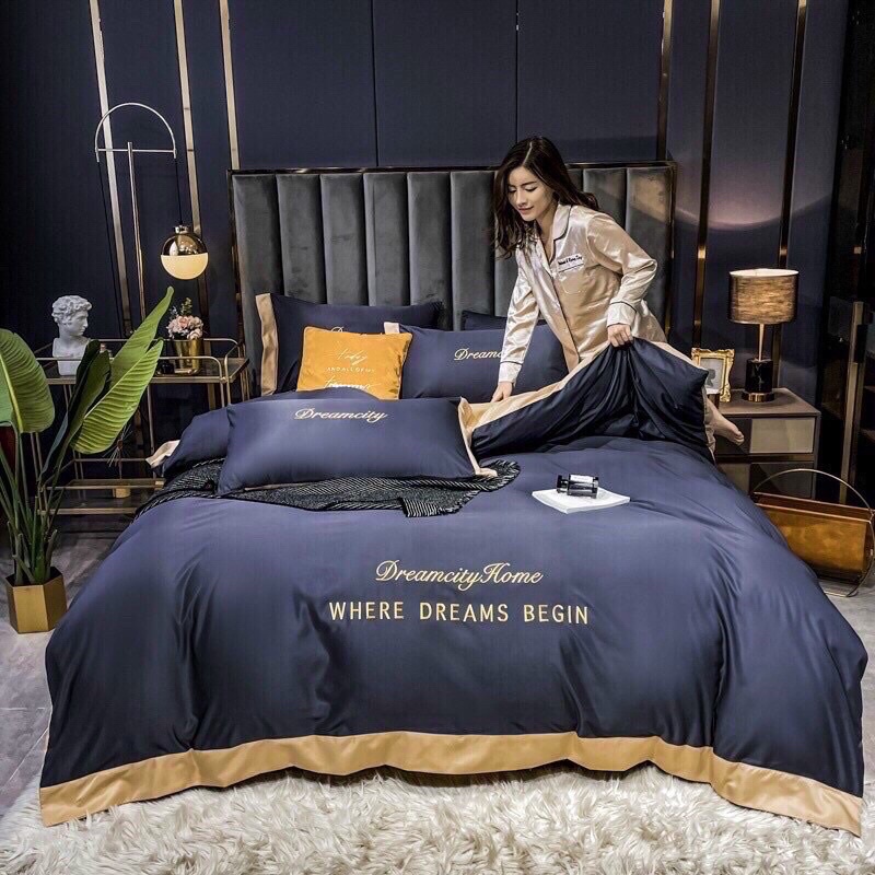 Bộ Chăn Ga Gối Phi Lụa Dream City 4 món đơn sắc hàng nhập khẩu sang trọng