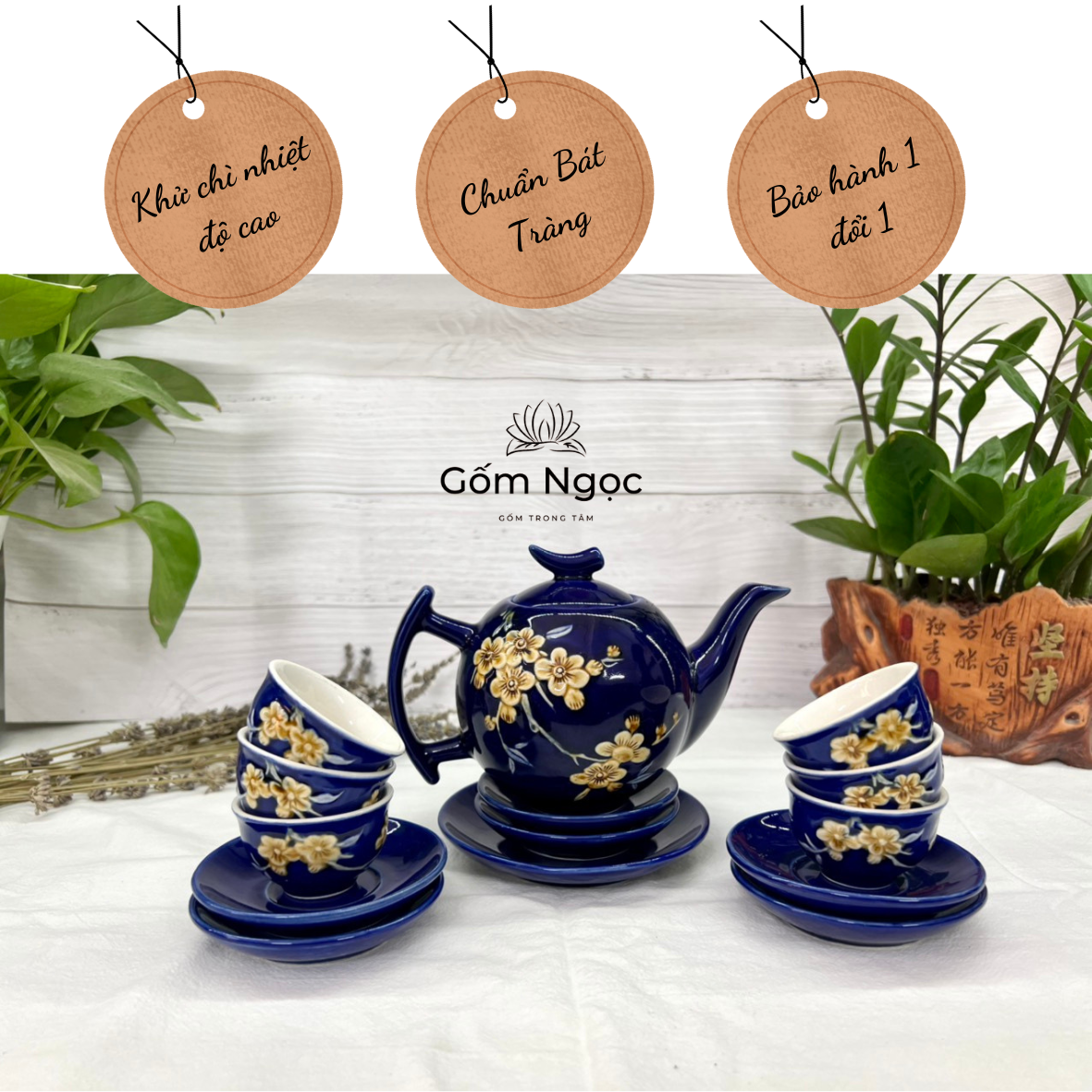 Ấm chén ấm tách  pha trà hoa đào Bát Tràng gốm cao cấp.