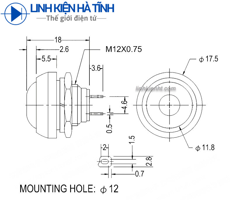 5 cái NÚT NHẤN CHỐNG THẤM NƯỚC 12MM