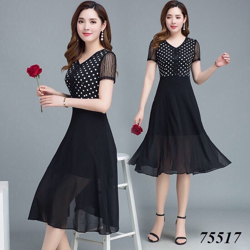 Đầm xòe voan chấm bi phối ren sang trọng
