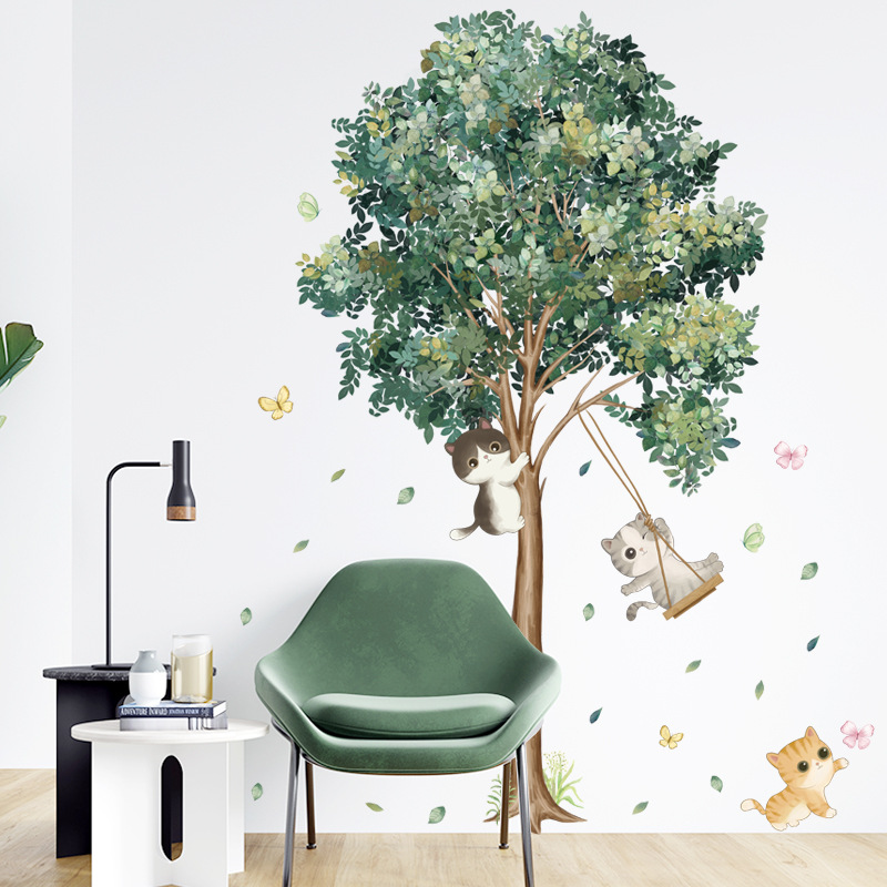 Decal dán tường cây xanh mèo xích đu