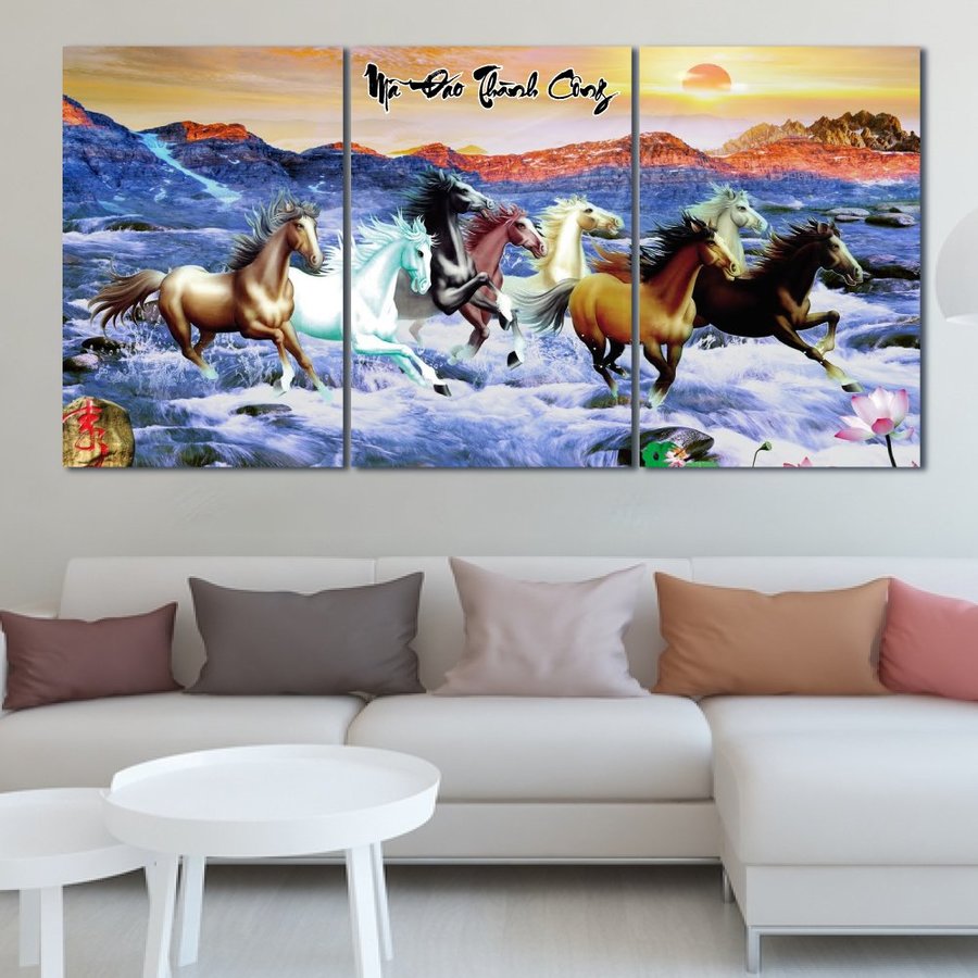 Lalashop - Bộ 3 bức tranh treo tường Mã đáo thành công in gỗ nguyên tấm Mã SP: TG1658 Tranh ngựa phi treo tường có khung decor trang trí phòng khách phòng ngủ quán cà phê nghệ thuật 3D hiện đại