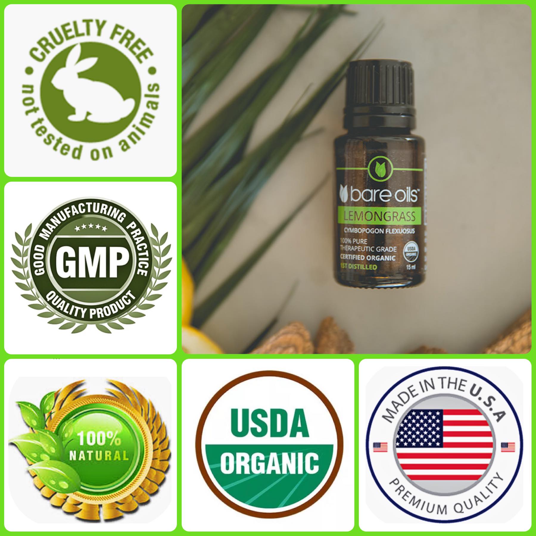 Tinh dầu sả chanh - Lemongrass Essential Oil (Tinh dầu hữu cơ Bare Oils - USDA Organic) 15ml