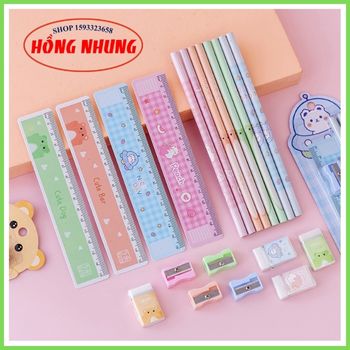 [ Sale Lớn] Bộ Combo Học Tập Xinh Xắn ( 2 Bút Chì, 1 Cục Gôm, 1 Thước, 1 Đồ Chuốt)
