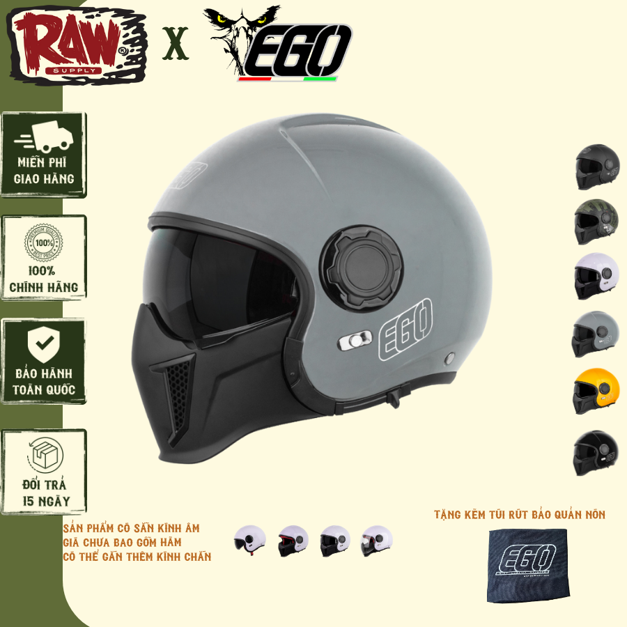 Mũ bảo hiểm 3/4 kính âm Ego E-5 đi phượt có thể gắn thêm kính chắn và hàm Arrow