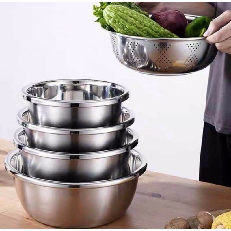 Bộ 5 thau chậu inox tiện lợi 4 thau -1 rổ