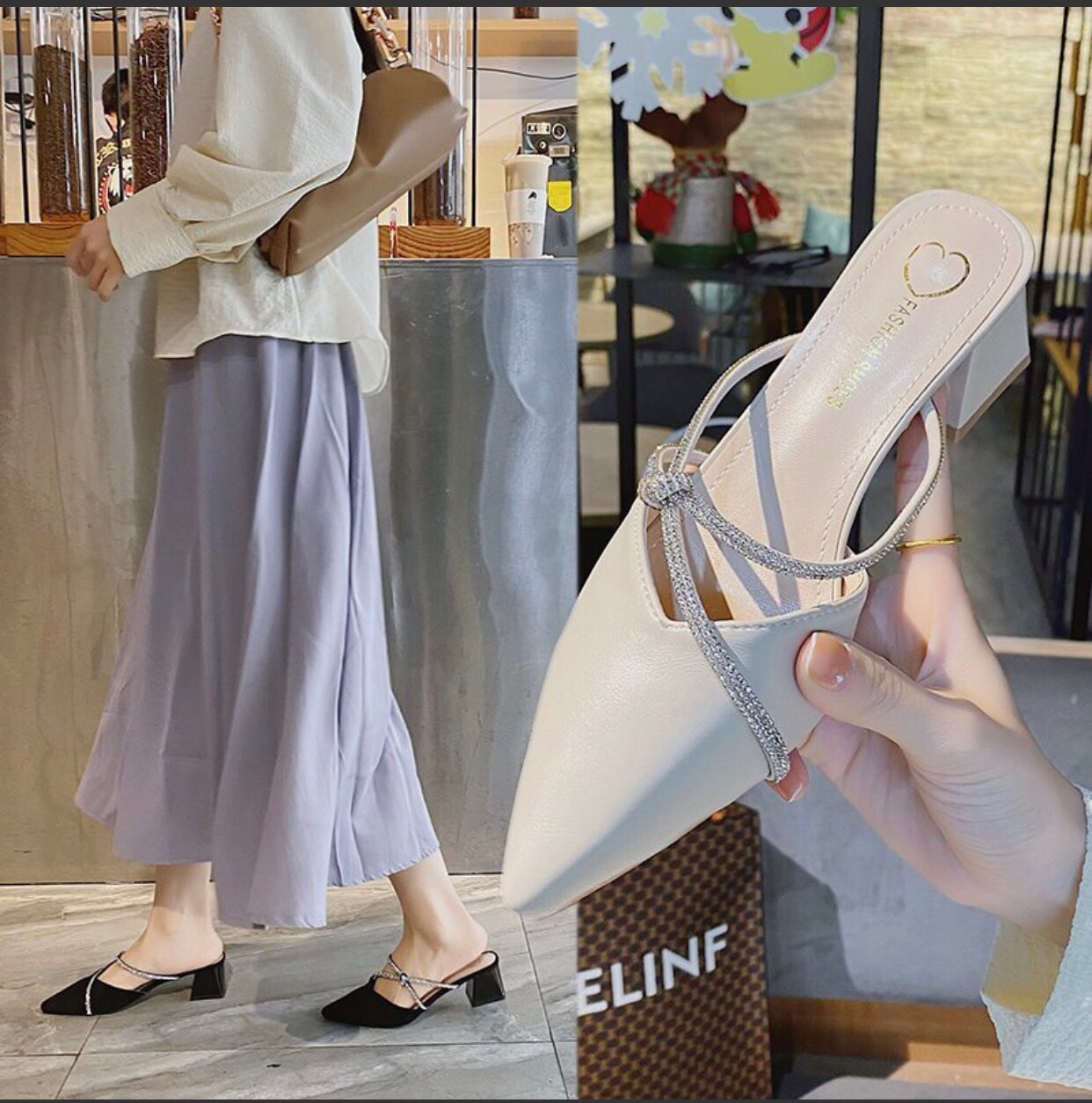 Sục cao gót 5cm dây buộc gót vuông