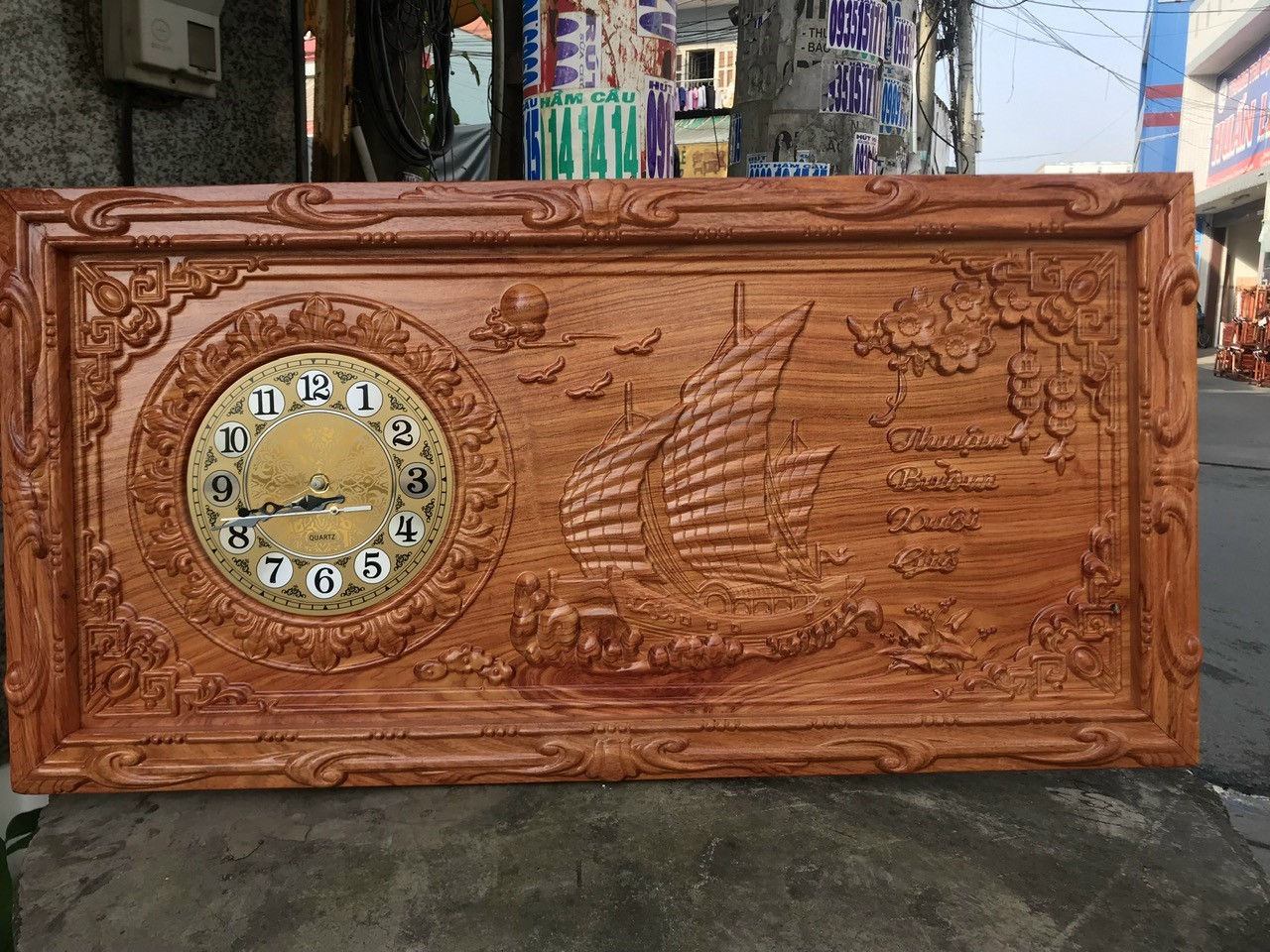 Tranh gỗ trang trí - Tranh đồng hồ gỗ Hương đá chạm khắc chữ thư pháp - kích thước 41x81cm, nhiều mẫu