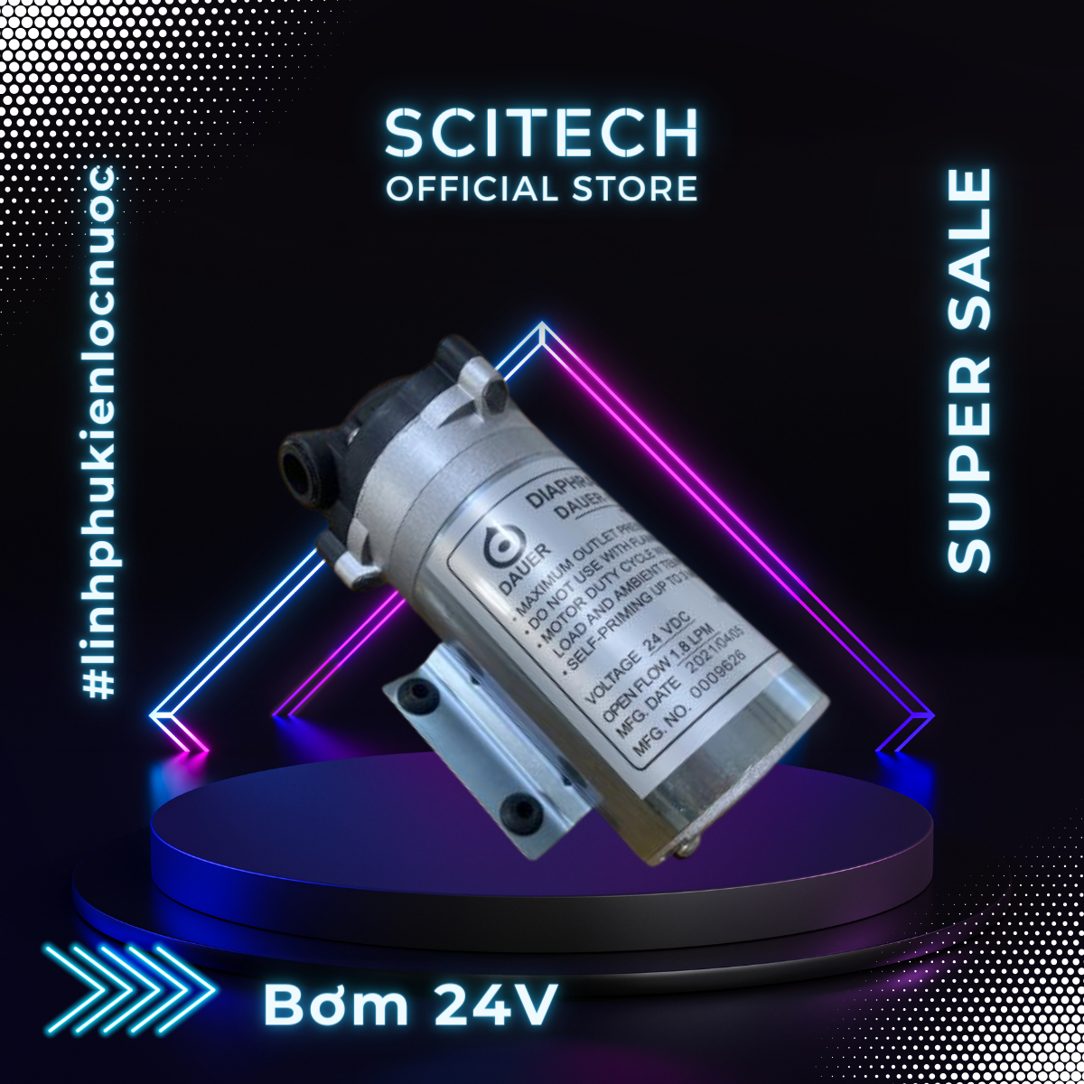 Bơm tăng áp máy lọc nước 24V (Tặng kèm co bơm) - Scitech Water