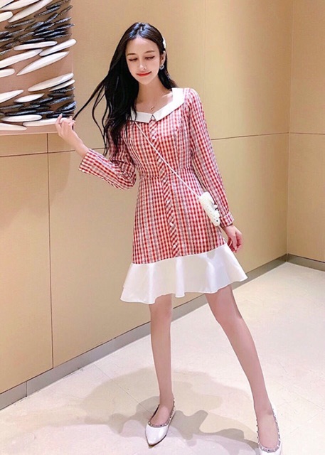 [HCM]Đầm caro đỏ phối trắng