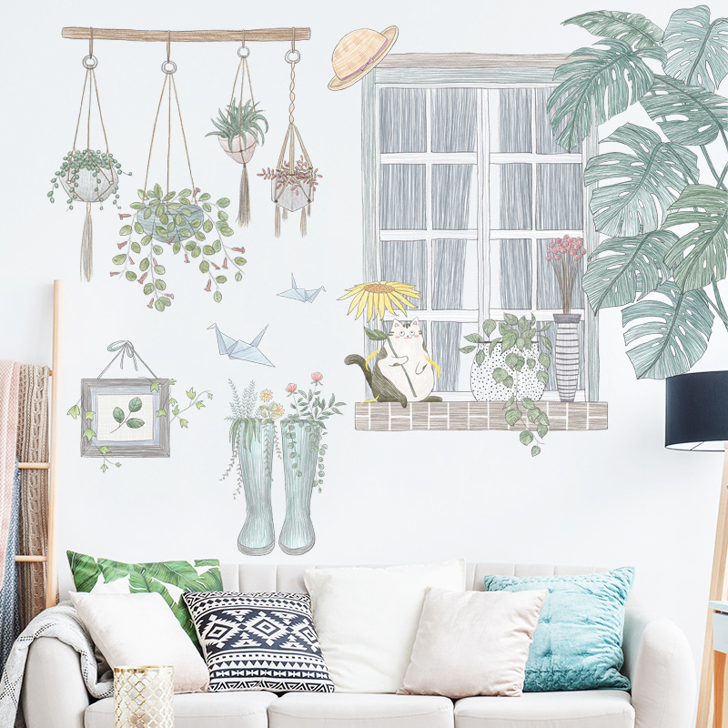Decal dán tường cửa sổ lá cây nhiệt đới bắc âu