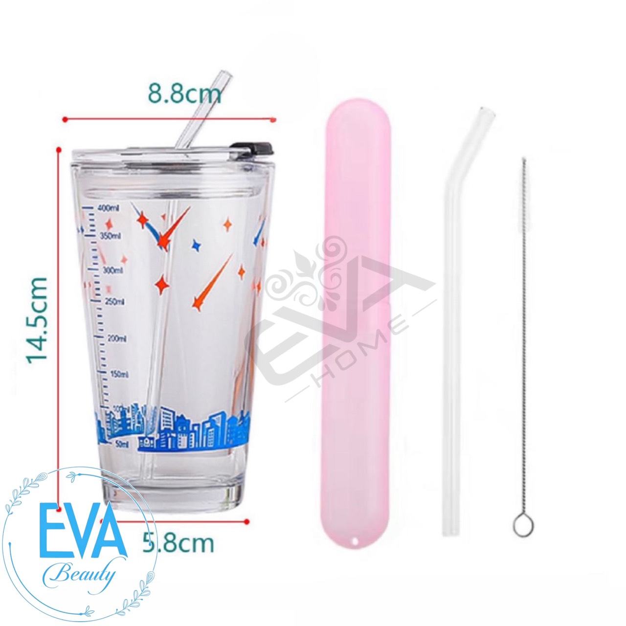 Ly thuỷ tinh chịu nhiệt in hoạt hình có nắp và ống hút 400ml tặng kèm hộp đựng ống hút và cọ rửa sp4727