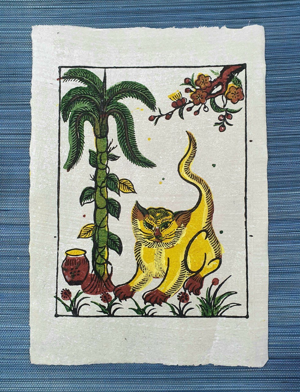 The Cat and the Areca Tree - Dong Ho folk woodcut painting