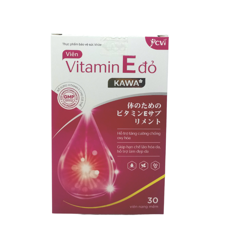 Vitamin E đỏ KAWA* - Giúp làm đẹp da, sáng da, chống lão hóa, sạm da (Hộp 30 viên)