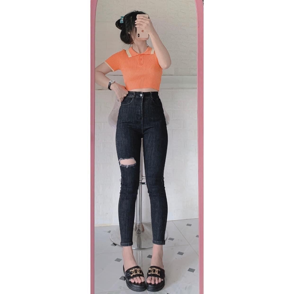 Set Jeans dài co giãn xám đen rách 1ô + crop petter phối viền