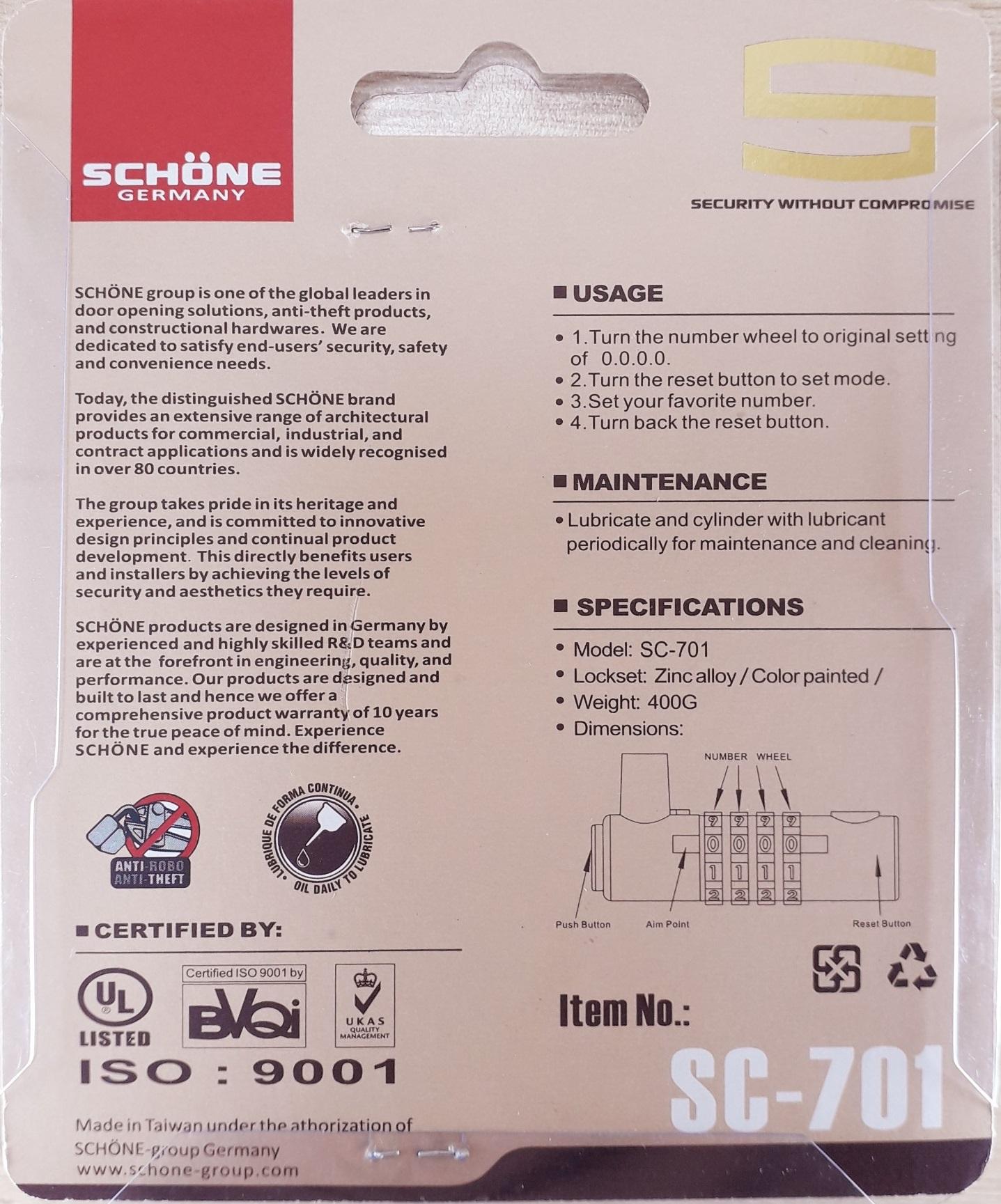 Ổ KHÓA SỐ DẠ QUANG CÀNG DÀI SCHONE SC-802 ( ĐEN & ĐỎ & VÀNG )