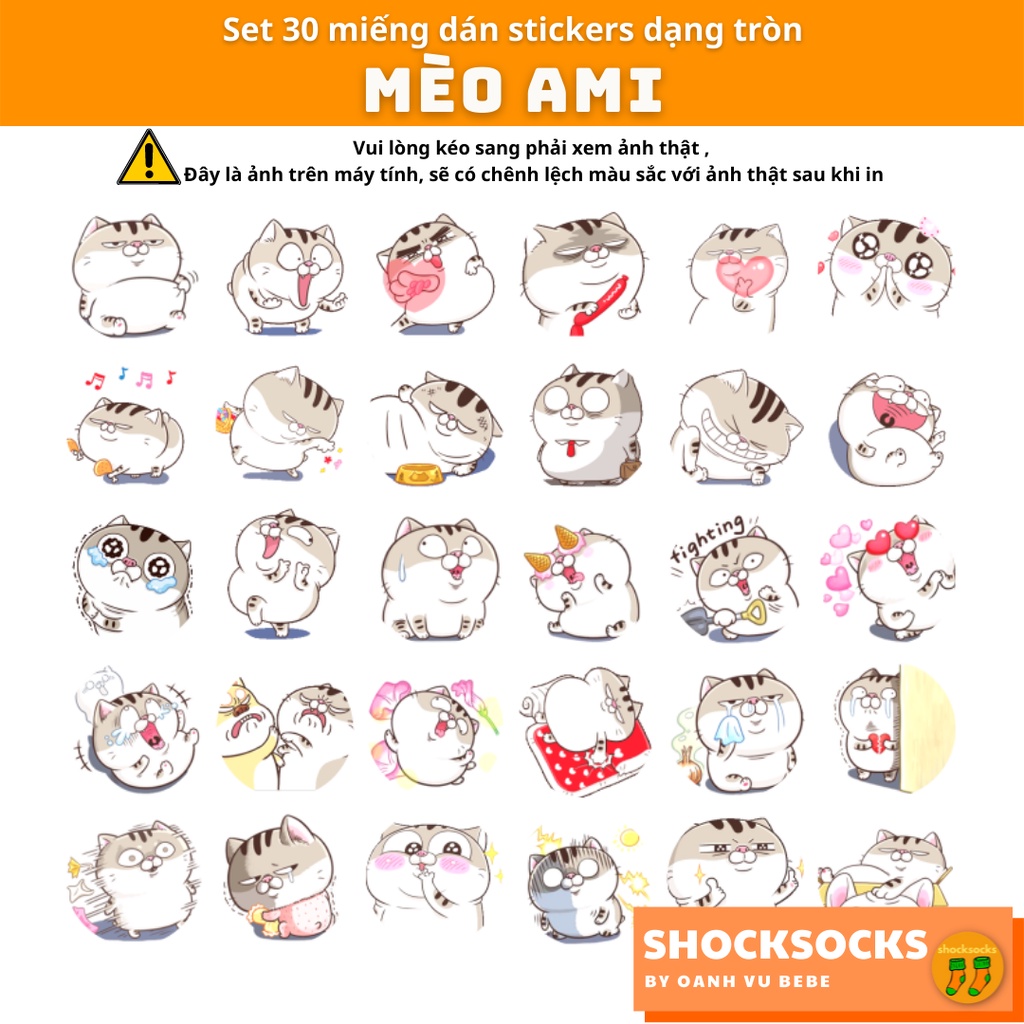 30 miếng dán stickers hình MÈO AMI BỤNG BỰ