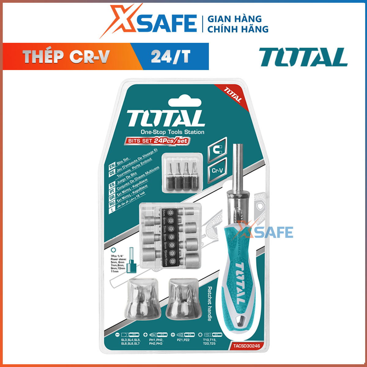 Bộ 24 tua vít TOTAL TACSD30246 Đầu vít khoẻ, cứng, chắc chắn, chống rỉ được tinh luyện từ thép hợp kim Cr-V, đầu vít thay đổi linh hoạt