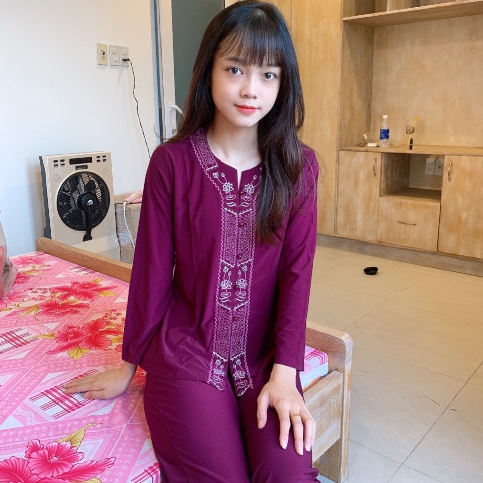 Quần Áo nữ Phật Tử thêu hoa văn, Đồ Lam Phật Đi Chùa Nữ mẫu Khoá lắc mã PN01C