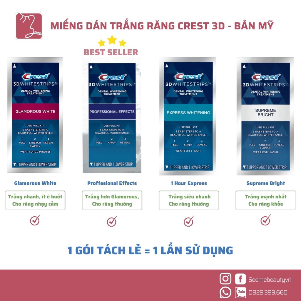 [HOÀN TIỀN 15%] [Bill Mỹ] Miếng Dán Trắng Răng Crest 3D White Glamorous - Professional - 1 Hour - Charcoal [SeeMe beauty]