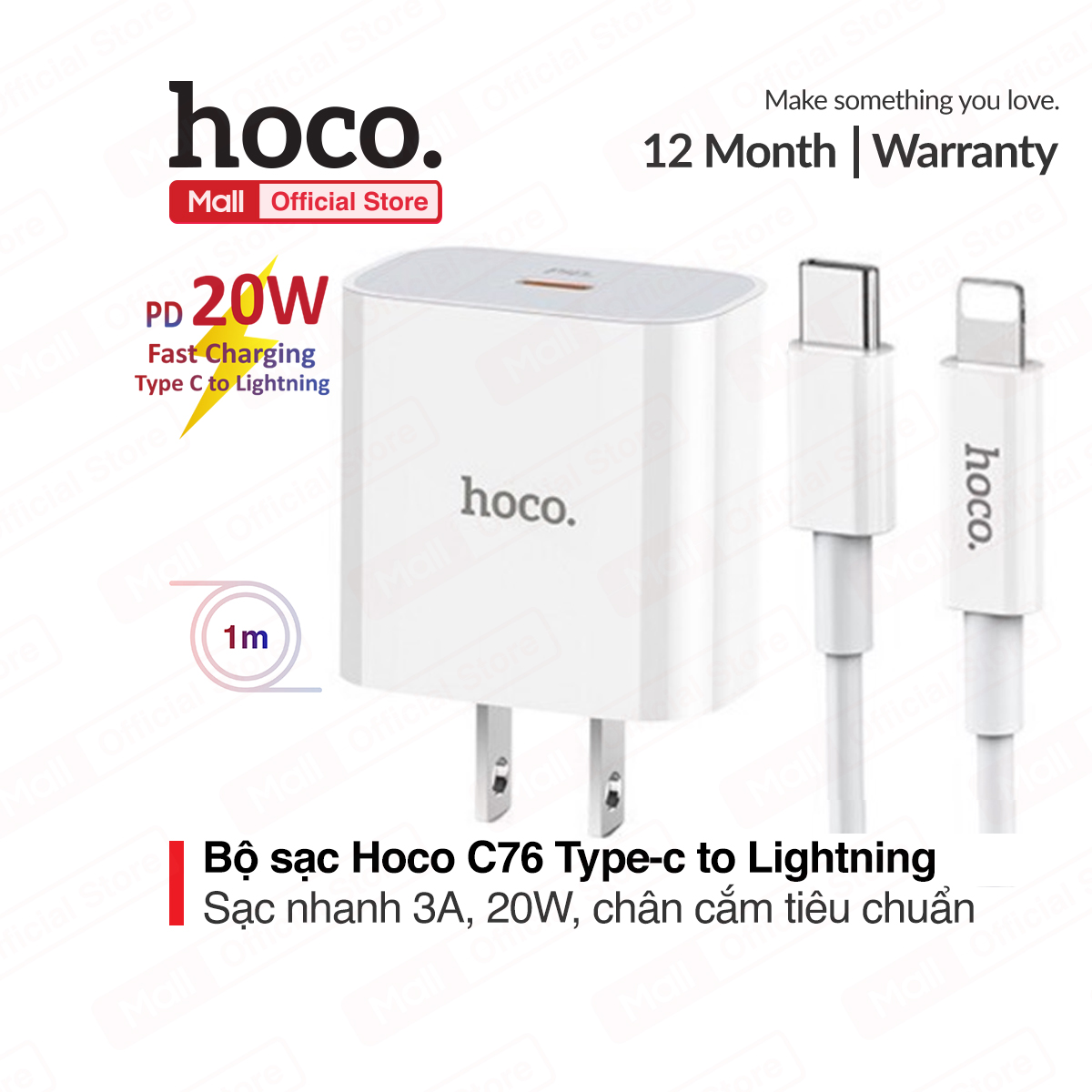 [HCM]Bộ sạc Hoco C76 Plus Type-C to Lightning sạc nhanh 3A , PD20W dành cho iPhone/iPad/Airpod (kèm cáp ) dài 1m