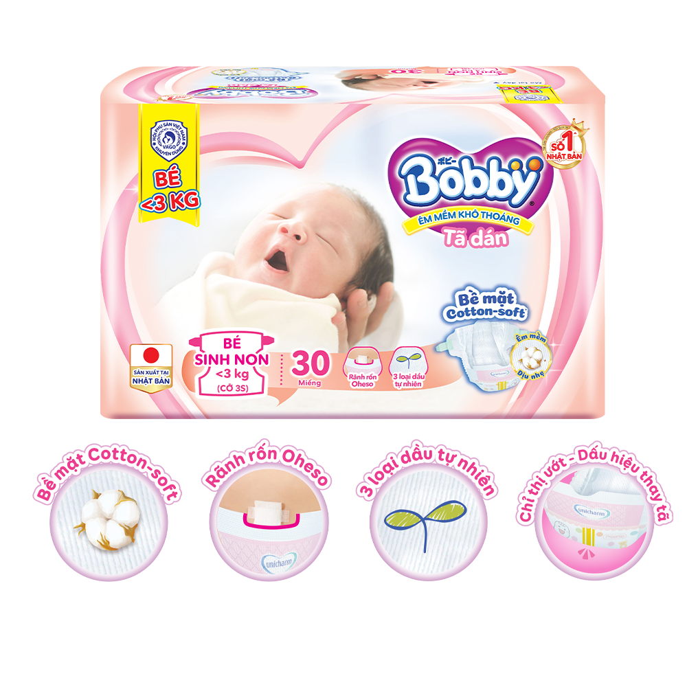 Tã dán Bobby 3S cho bé sinh non, nhẹ cân <3kg -30 miếng