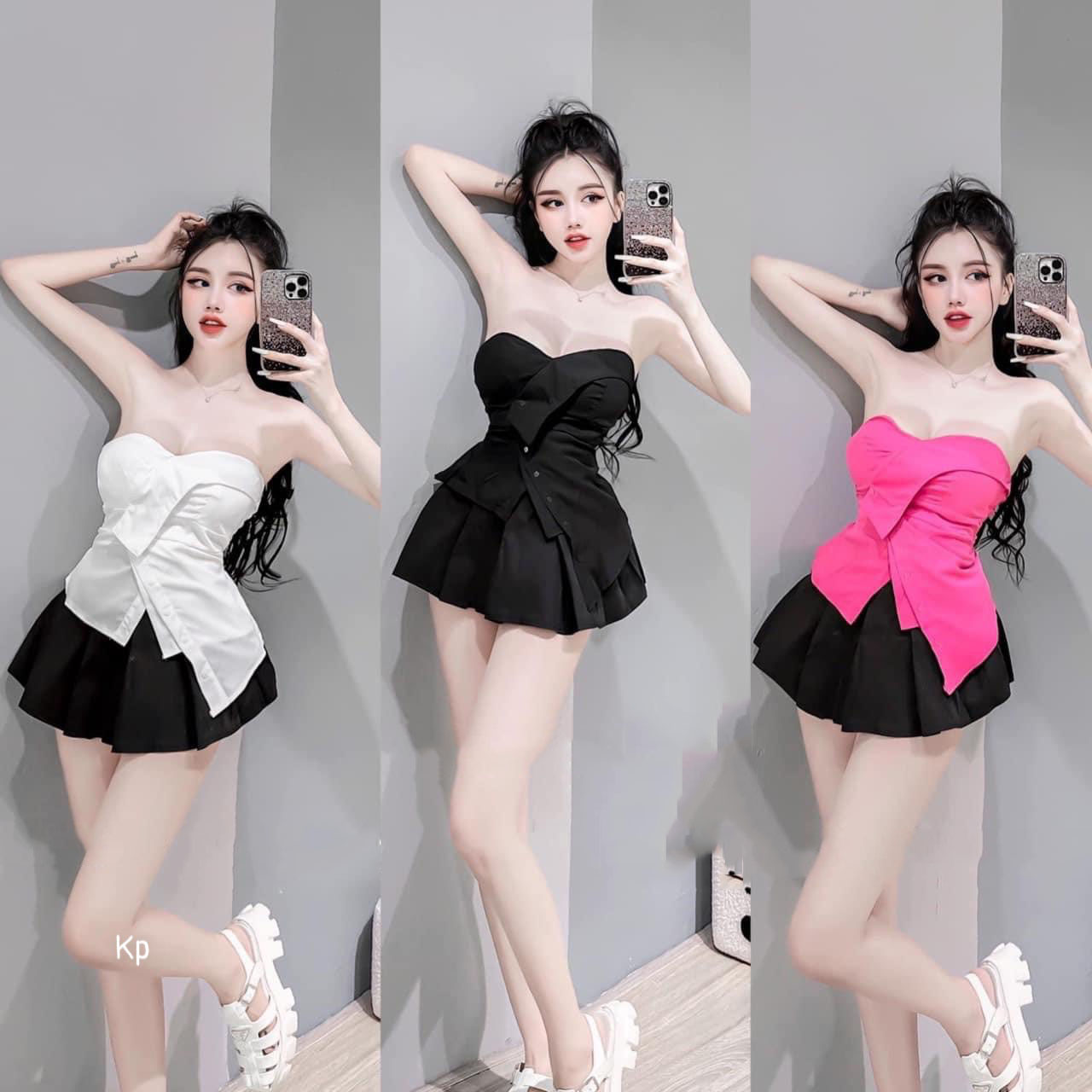 Áo ống phối nút có mút ngực vạt nhọn chéo siêu sang
